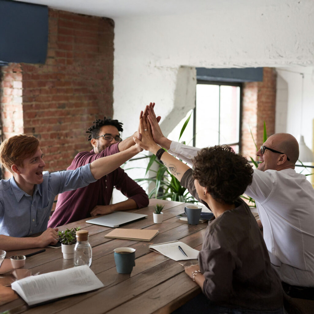 Team giving high fives around confence table